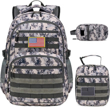 Load image into Gallery viewer, Cammo Back Pack | Lunch Bag, Pencil Case, 2 American Flag Patches
