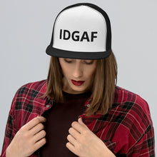 Load image into Gallery viewer, IDGAF Retro Trucker Hat [black embroidery]