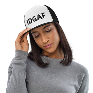 IDGAF Retro Trucker Hat [black embroidery]